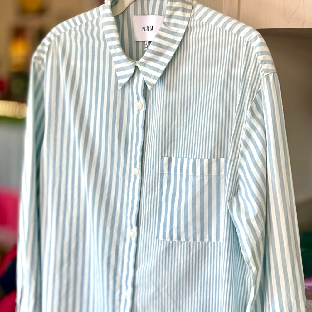 Pistola Striped Button-Down in Sky Blue — Size Small - Picture 3 of 12